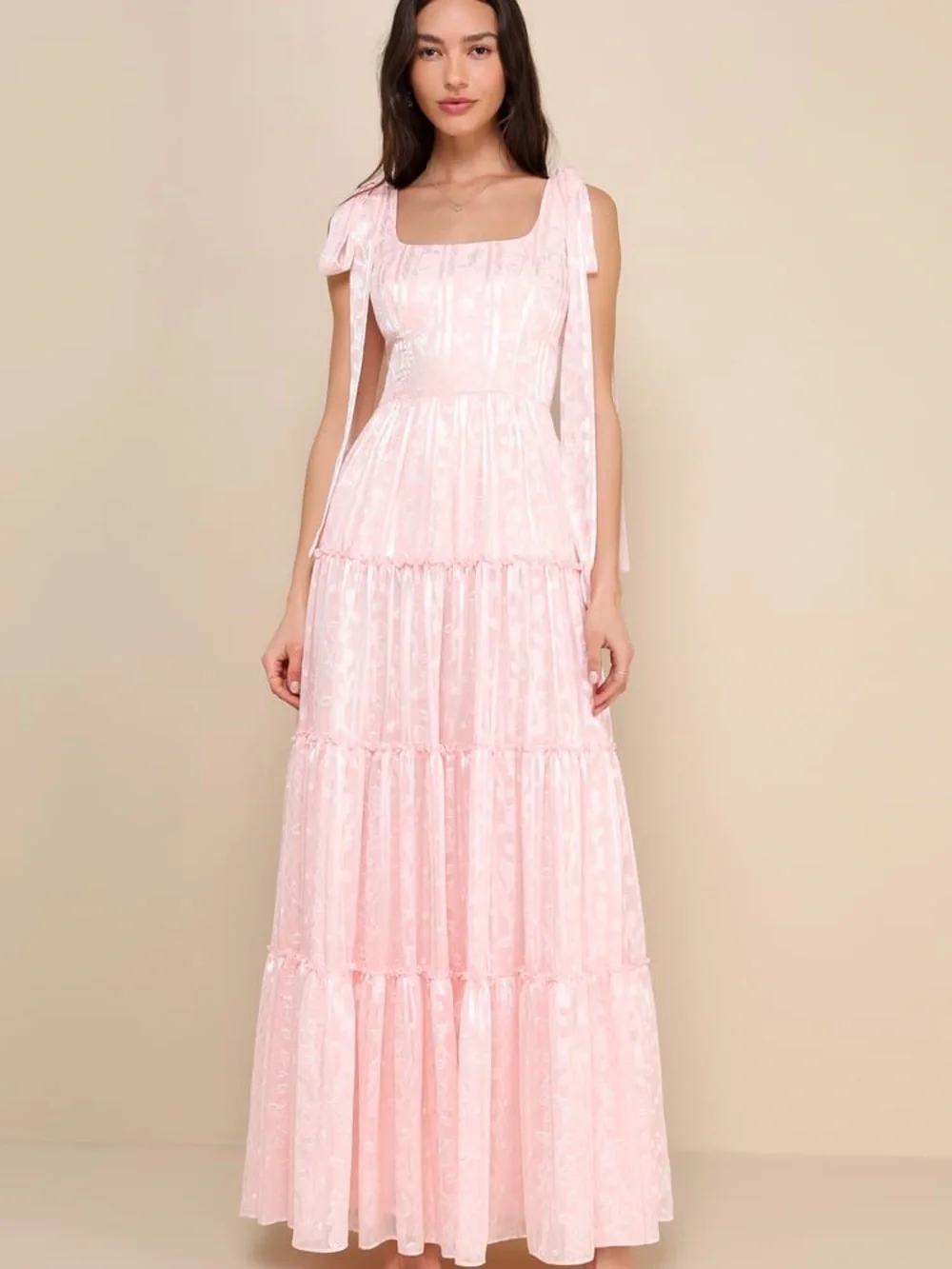 Lulus Small Picturesque Allure Blush Pink Jacquard Tie-Strap Maxi Dress Wedding - Picture 1 of 11